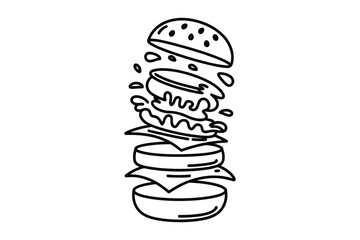 Exploded Burger Ingredients Line Art Illustration