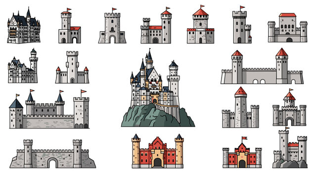 Collection of various medieval castle illustrations