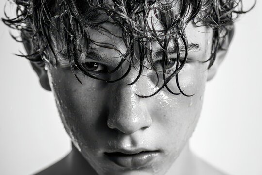 Emotion filled boy with wet hair on a white background