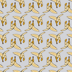 Seamless banana peel pattern on gray background with hand drawn organic line and uneven contour. Stylized repeating food illustration for branding, packaging, textile and surface design.
