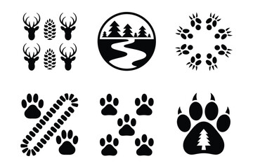 Obraz premium Wilderness tracking icons with paw prints and deer silhouettes