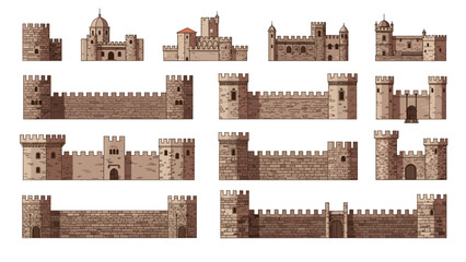 Obraz premium Collection of medieval castle wall and tower components for architecture design