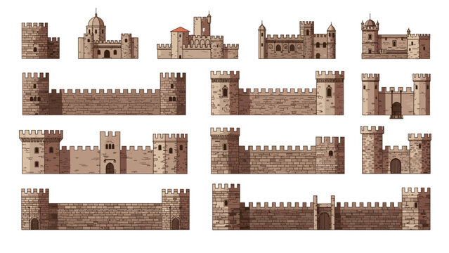 Collection of medieval castle wall and tower components for architecture design