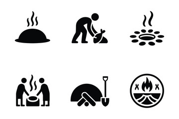 Traditional Earth Oven and Pit Cooking Silhouette Icon Collection