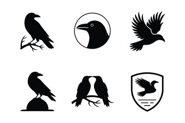 Obraz premium Black Raven and Crow Bird Silhouette Graphic Icon Set