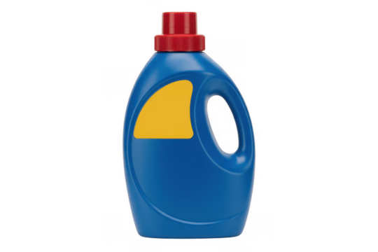 Blue laundry detergent bottle with red cap yellow label isolated on a transparent background - Powered by Adobe