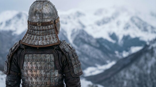 Hua Mulan wearing lamellar armor in snowy mountains
