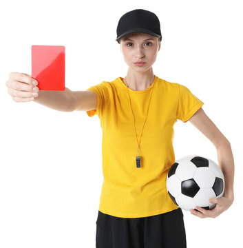 Referee with red card and soccer ball on white background