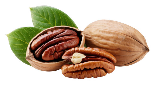 Pecans with leaves and shells pecan nuts isolated on a transparent background