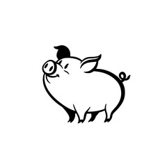 Obraz premium domestic pig. domestic pig simple black and white line art vector logo
