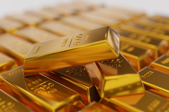 Close-up of 1kg gold bars with 999.9 fine gold hallmark. Stacked bullion representing central bank reserves, financial stability, and global economy. Perfect for banking and currency market themes.