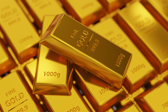 Top-down view of stacked 1kg 24k gold bars. High-quality bullion with "999.9 Fine Gold" engravings reflecting warm light. Represents wealth, investment, banking, and global financial stability.