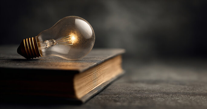 A glowing light bulb atop a book represents the spark of an idea or inspiration