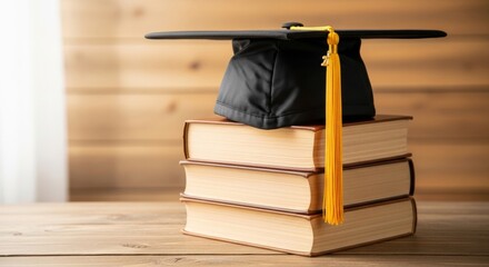 Graduation cap with golden tassel on stack of books, academic success concept