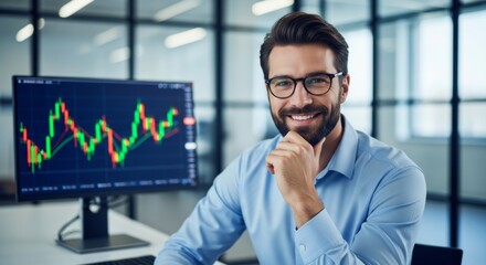 Smiling stock trader with financial charts in office
