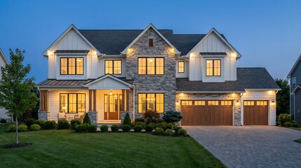 Fototapeta premium Modern Luxury Farmhouse with Stone Facade and Illuminated Windows at Twilight with Three Car Garage