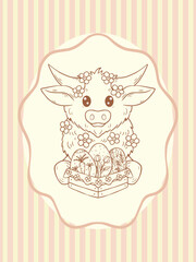 Colorful cute Easter cow illustration with fun background and easter eggs, vector art