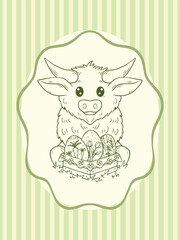 Colorful cute Easter cow illustration with fun background and easter eggs, vector art