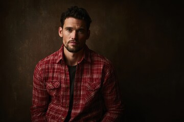 Fototapeta premium Photo of a man in a red plaid shirt in front of a brown backdrop