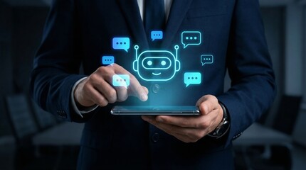 Businessman interacting with ai chatbot on smartphone for digital customer service