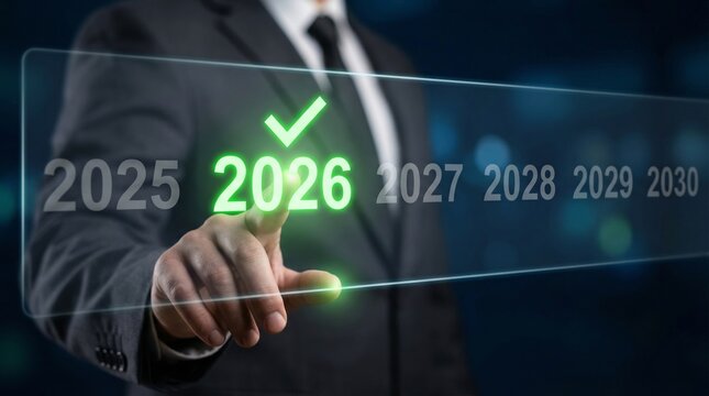 Businessman selecting year 2026 on futuristic digital interface for future planning and success - Powered by Adobe