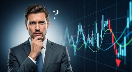Businessman pondering market uncertainty with question mark and financial chart