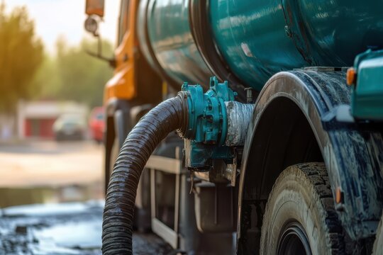 Sewage truck vacuuming home septic tank in suburban area