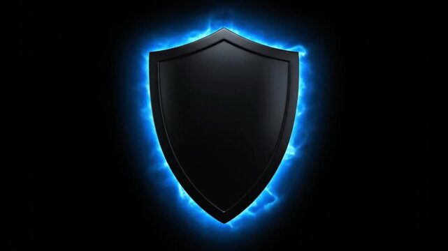 Black shield with neon blue glow in futuristic style on dark background for cybersecurity