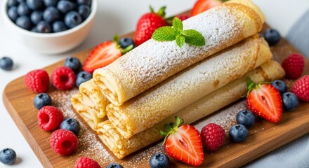 Sweet rolled crepes with fresh berries and powdered sugar on wooden board