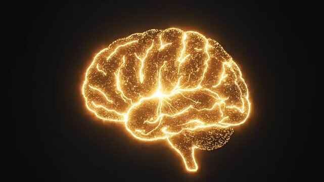 Glowing orange brain with bright neural network against a dark background with a cinematic lighting effect.