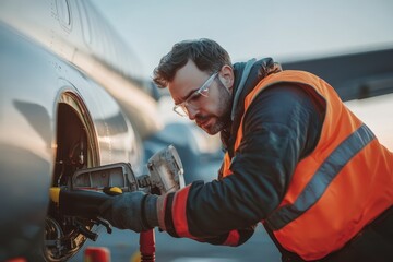 Technician is refueling planes with eco friendly fuel
