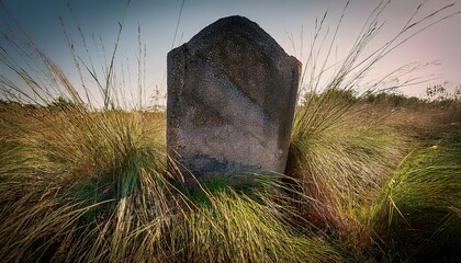 An Image Of A Single Weathered Stone Grave Marker Partially Hidden By Tall Unkept Grass