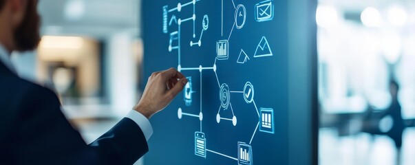 Businessman Interacting with Futuristic Data Flow Diagram on a Touchscreen, Data Visualization, Business Growth, Analytics