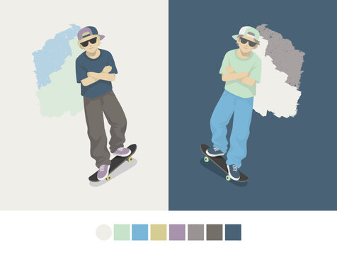 Cool Skater Boy Character with Arms Crossed on Skateboard 