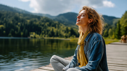 Fototapeta premium Young woman meditating on wooden pier at edge of tranquil lake to improve mental health, waterside contemplation, nature meditation, outdoor stress relief, peaceful mindfulness pra