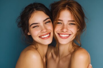 Women embracing in a studio showcasing natural beauty together in a couple s portrait With a blue backdrop they exude confidence in skincare feeling soft and proud