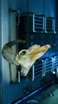 ram skull resting near industrial pipes, archivist catalogs specimen inside cold storage facility, metal background, blue lighting, signs of age and corrosion,