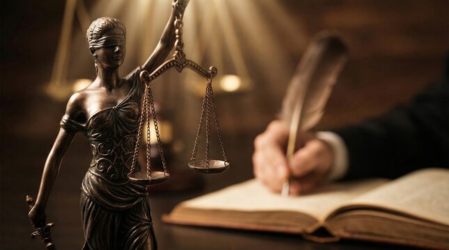 Lady justice statue with scales and ancient legal quill writing