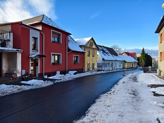 street with houses in the town of Fren&scaron;t&aacute;t pod Radho&scaron;těm
