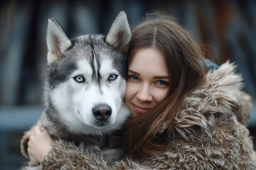 Young woman hugging her Husky