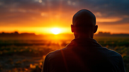 Faceless man silhouette on rural landscape background at sunset, psychiatry and psychology concept, mental health visualization, emotional wellness, therapeutic imagery, contemplat