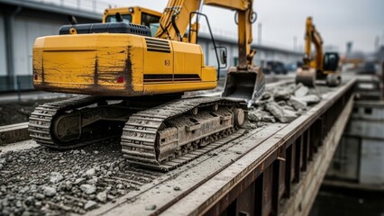 Yellow excavator on a train track with rubble