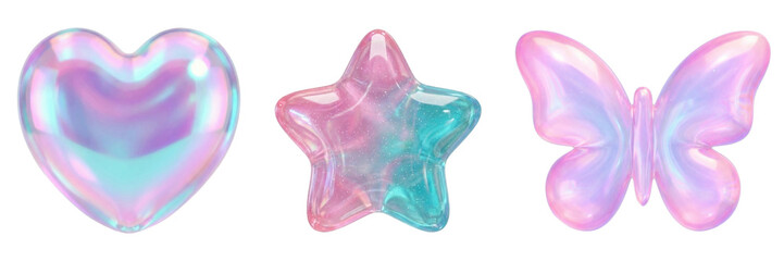 Y2K Holographic Icon Trio with Heart, Star and Butterfly.