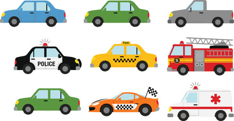 Cartoon vehicle set with cars, taxi, police car, fire truck and ambulance, transport icons isolated on white © Asha Creatives