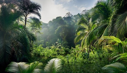 Thick Green Tropical Forest With Bushes And Palm Trees