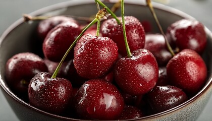 A Close Up Of A Bowl Filled With Fresh Red Cherries Covered In Water Drops