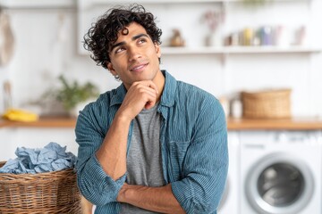 Young Hispanic man smiling while doing laundry holding eco friendly paper and gazing thoughtfully to the side