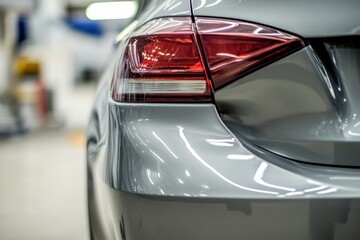 Fototapeta premium Zoomed in shot of a dented grey car bumper ready for smoothing and painting at a service station