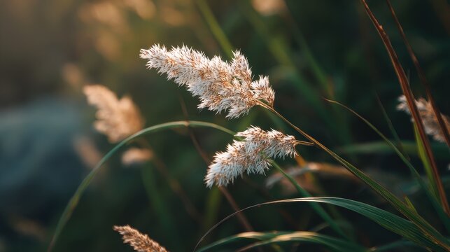 Cogon grass bloom illuminated by evening light blurred background shallow depth of field