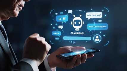 Man using smartphone with AI assistant chatbot hologram interface for customer support and virtual communication 4k video  - Powered by Adobe